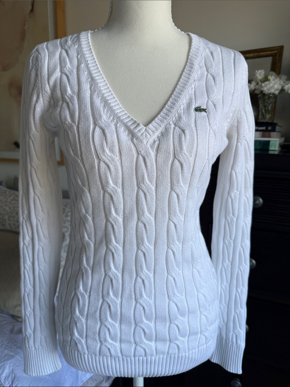 Lacoste White Cable Knit V-Neck Pullover